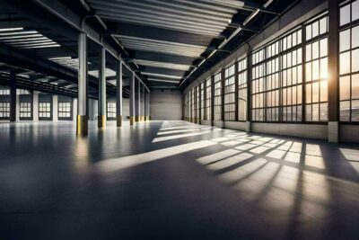 an empty warehouse with large windows and sunlight ai generated free photo