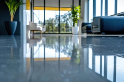 reflection of the office hall interior on a clean marble floor blurred interior of an office hallway with large windows and comfortable chairs free photo
