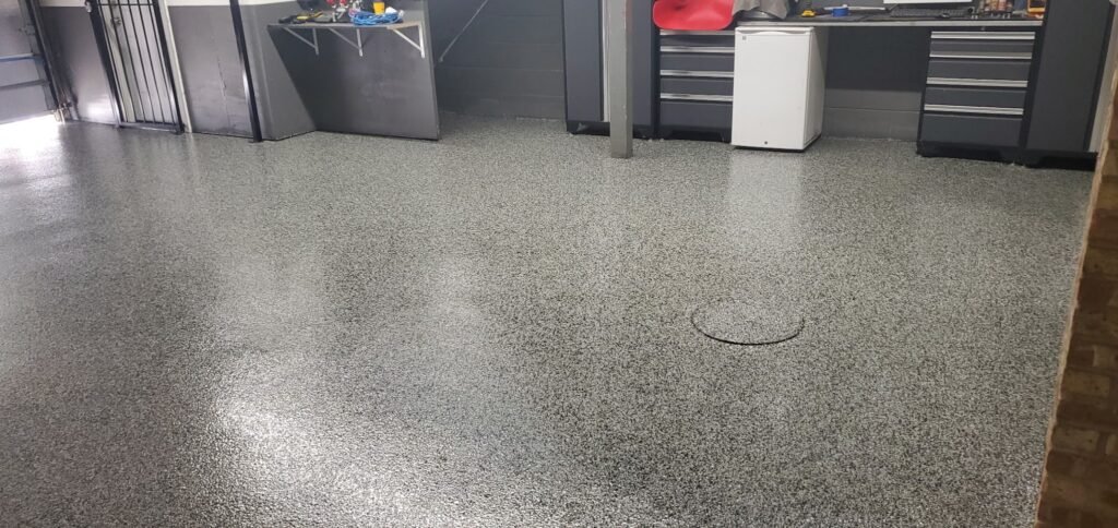 Flake epoxy garage floor installed by F&L Flooring in the Chicago area