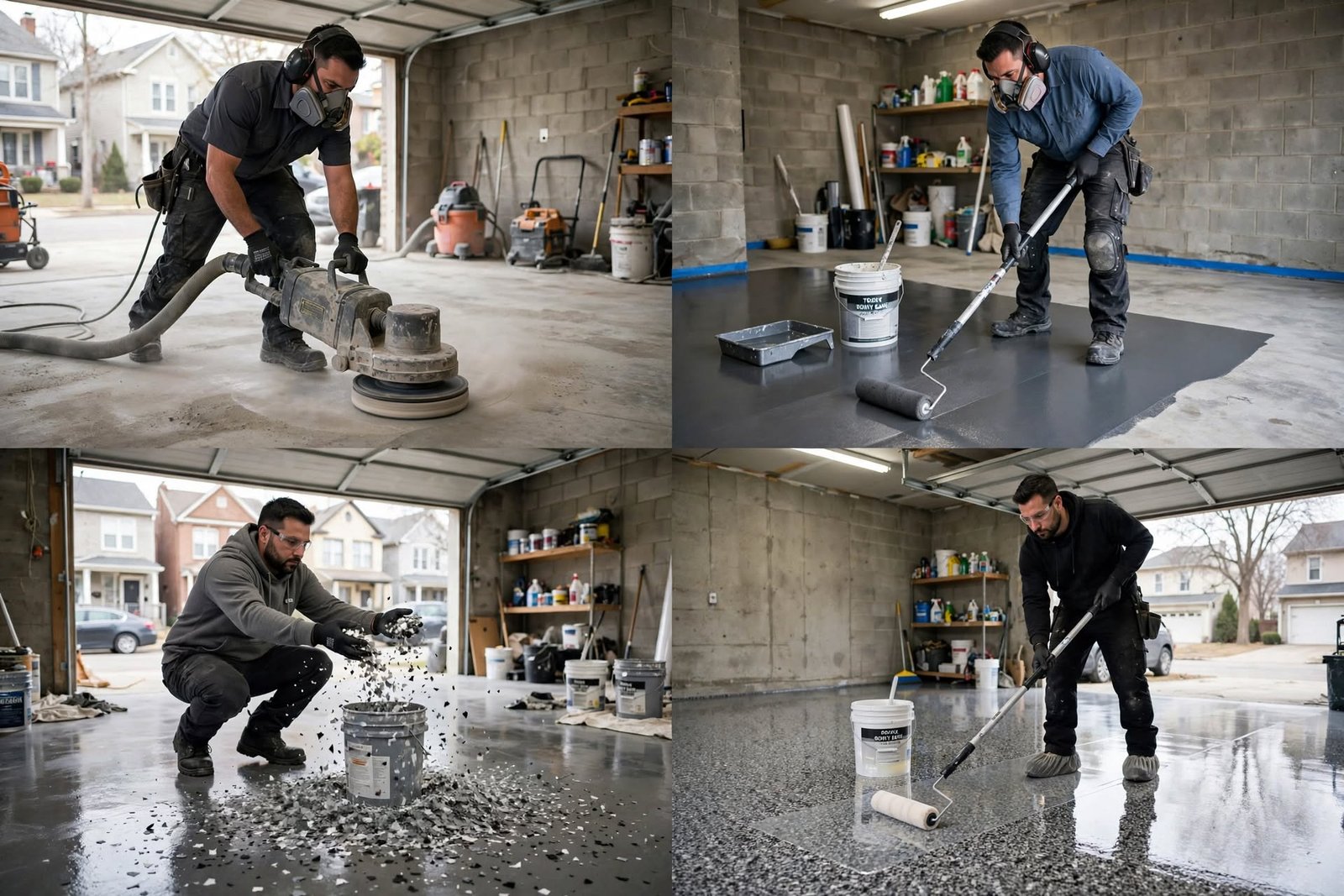 flake flooring installation collage